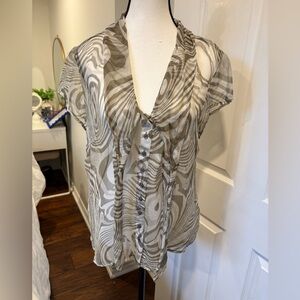 Mac & Jac 100% Silk Sheer Blouse Size 14 Taupe Abstract